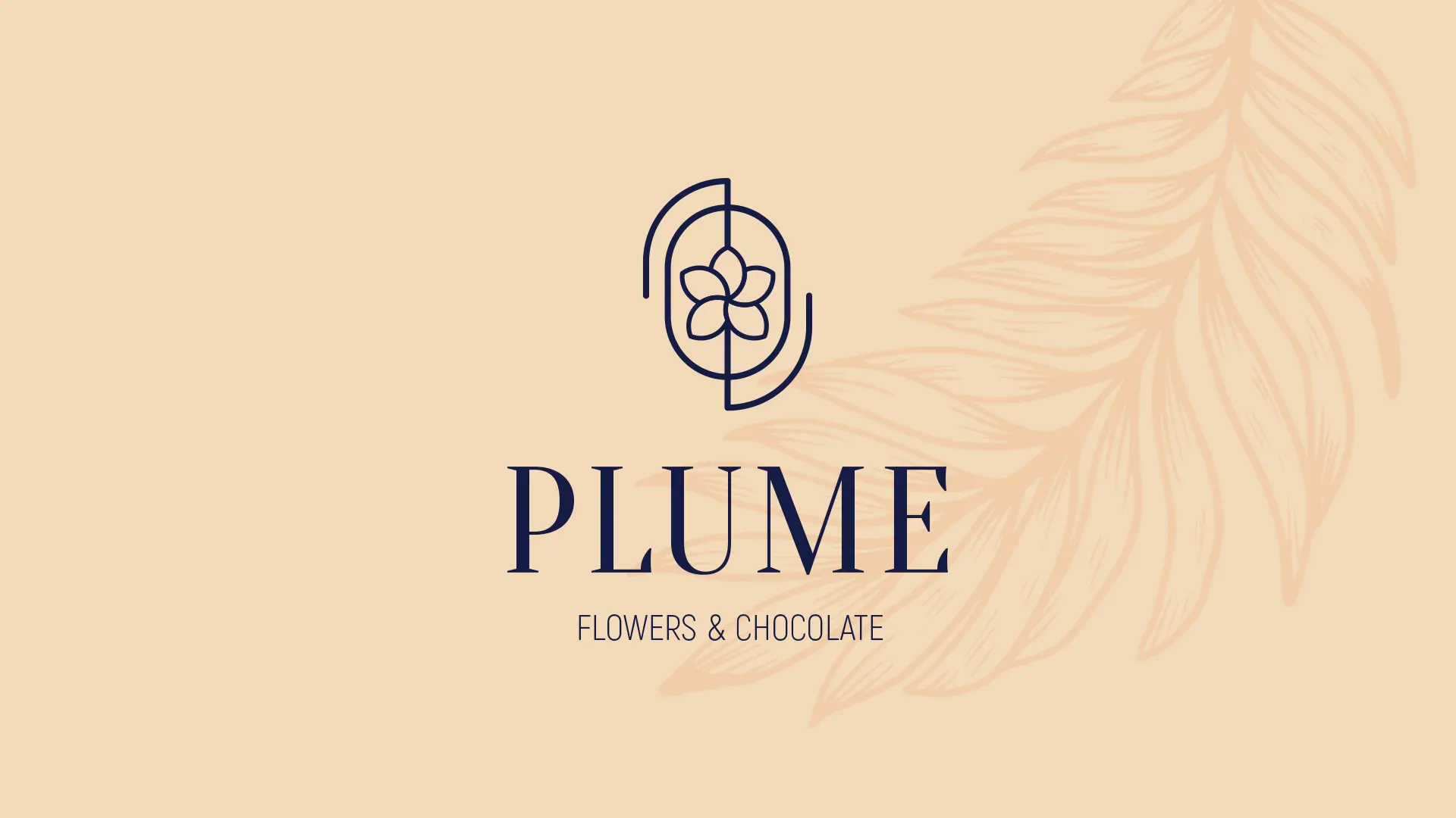 Plume logo in navy on a beige background, with the plumeria mark, wordmark, and 'Flowers & Chocolate' tagline